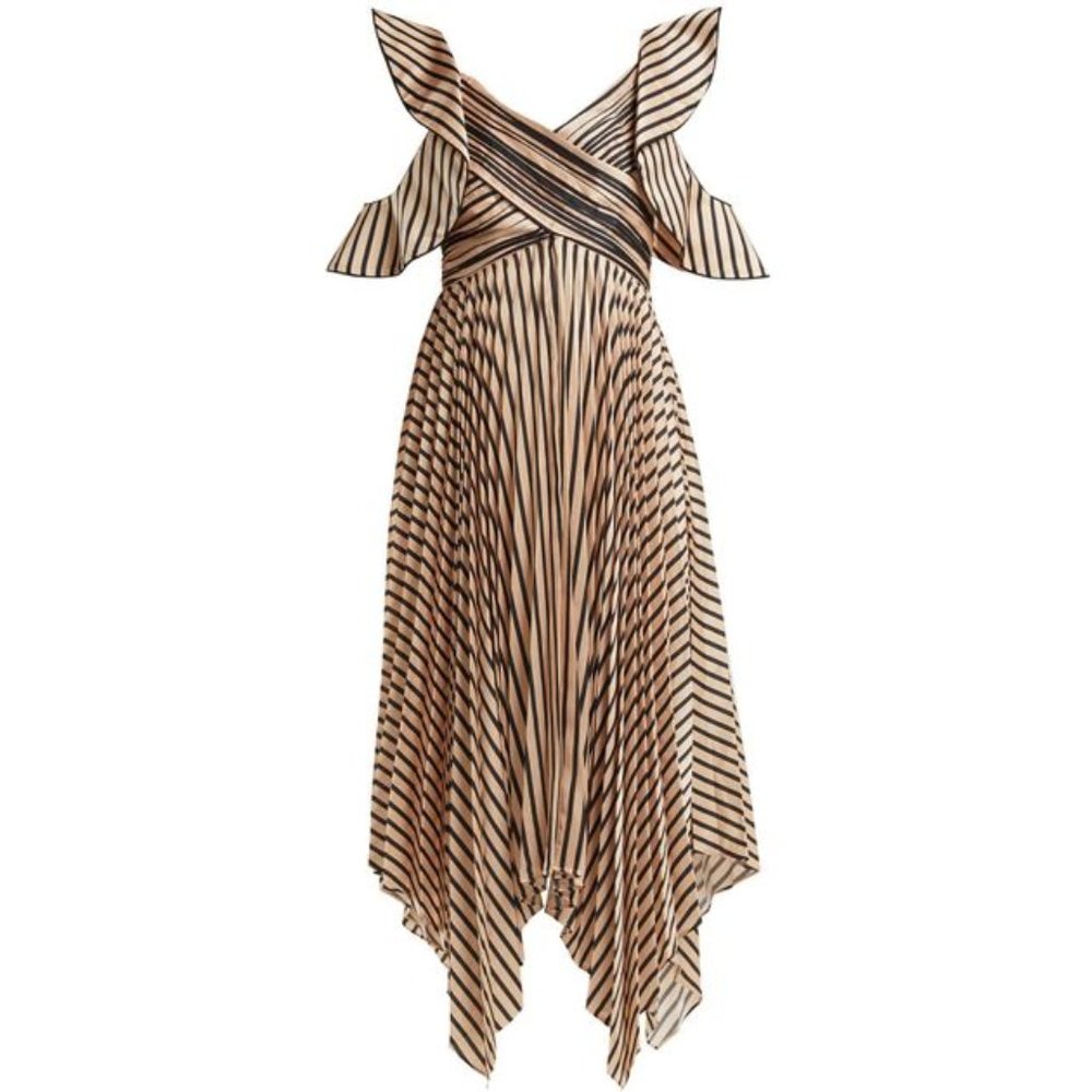 Self-portrait cutout pleated striped satin dress